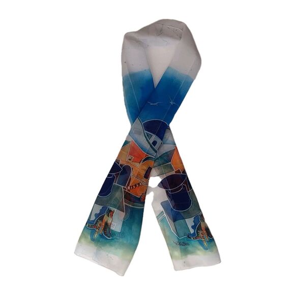 Ifasma Scarf Made In Greece Greek Village Kos Isles Cat Azure Design Rectangle - Picture 2 of 10